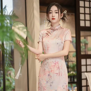 2023 Kínai Stílusú Női Elegáns Selyem Ruhák Nyomtatás Cheongsams Hölgy Retro Slim Qipao Ruha Szexi Osztott Fél Vintage Vestidos