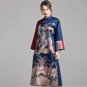2023 kínai stílusú sárkány köntös női cheongsam javult ruha őszi téli hosszú ujjú klasszikus hímzés elegáns qipao s34
