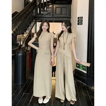 2023 új kínai fogyasztó rövid ujjú póló szelíd fél szoknya/laza nadrág, női nyári új cheongsam két darab set s532