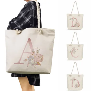 26 Betű Virágmintás Táskák Női Vastag Kötél Válltáska Lány Iskola Tote Bags Minimalista Eco Többször Használatos Bevásárlótáska Művészet