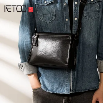 AETOO Valódi bőr férfi messenger táska, divatos egyszerű válltáska, első réteg marhabőr alkalmi mobil telefon táska