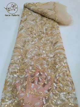 Afrikai Csipke Szövet Kézzel Hímzett Gyöngyös Francia Tüll Csipke Szövet Fél Nigériai Luxus Sequines Csipke Esküvői Szövet