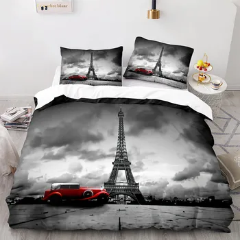 Eiffel-Torony Paplanhuzat Párizs, Franciaország, Ágyneműgarnitúra Retro Piros Kocsi Takaró Fedelét, Város, Épület, Gépjármű Poliészter Paplan Borító