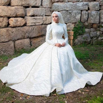Esküvői Ruhák Nőknek Muszlim Magas Nyakú Bíróság Vonat földig érő A-vonalú Csipke Szatén Gyöngyfűzés Luxus Hivatalos Menyasszony Ruha 2023 Új