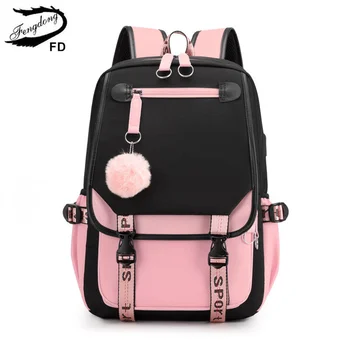 Fengdong nagy iskola táskák a tini lányok USB port vászon iskolatáska diák könyv, táska, fekete rózsaszín tini iskolai hátizsák