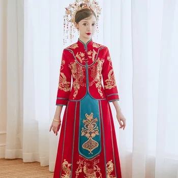Hagyományos Elegáns Menyasszony Feleségül Ruha Phoenix Hímzés Tassel Cheongsam Kínai Pár Esküvői Öltöny китайская одежда