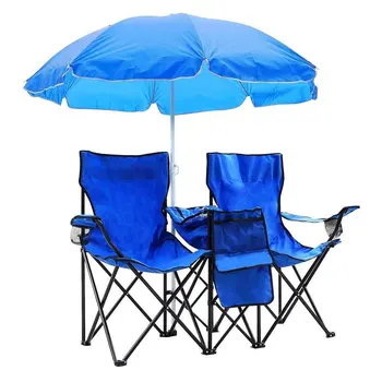 Hordozható Kültéri 2-Ülés, Összecsukható Szék, Kerti Cserélhető Nap Esernyő Kék MINKET Raktár