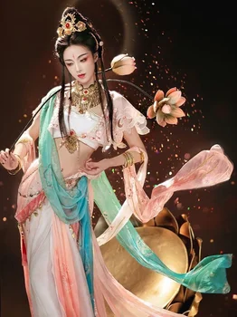 Huangyue Virág Szórás Mennyei Szűz Igazi Konyha Repülő Égi Xuan Hu Tánc Ruha nehézipar Üreges ki Hímzés