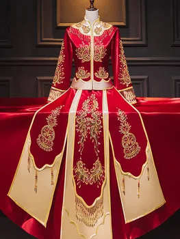 Keleti Esküvői Ruha Hagyományos Gyöngyös Hímzett Qipao Kínai Stílusú Pár Cheongsam Köntös Vestido Méret S-2XL