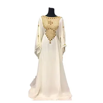 Luxus Gyöngyös Dubai Kaftán Fehér Georgette Hosszú Ujjú Kaftán Etnikai Jellemző Esküvői Ruha