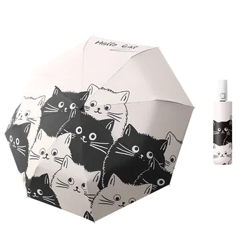 Macska Automata Esernyő, Összecsukható Eső, Nap Kettős felhasználású Esernyő, Fekete Bevonat Anti UV Gyerekek Hordozható Napernyő Lányok Fiúk