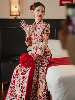 Menyasszony 2023 Új Házasság Kínai Stílusú Velúr Pirítós Ruha Sárkány, Phoenix Hímzés Esküvői Ruha