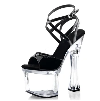 Női Szandál 18 cm Szuper Magas sarkú cipő Spool sarkú Világos Platform Női Szandál Menyasszony cipőjét 7 hüvelyk rúdtánc Cipő