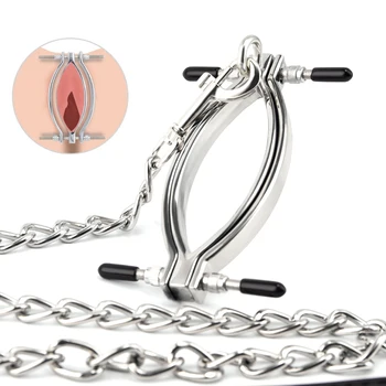 Rozsdamentes Acél Labia Terjesztő Szíj Lánc Bilincs Klip Csikló Elterjedt Punci Nyitva Vagina Stimulátor BDSM Bondage Szex Játékok