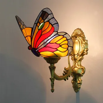 Tiffany Európai Barokk Vintage Fali Lámpa Hálószoba, Folyosó Folyosó Festett Üveg Lámpabúra Pillangó Fény