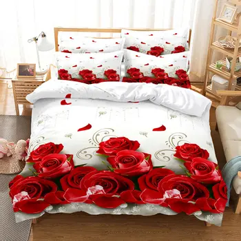 Vörös Rózsa ágyneműgarnitúra Romantikus Valentin-Nap Takaró Fedél paplanhuzat Piros Virág a Szerető Pár Nők Férfiak Ajándékok Hálószoba Decor
