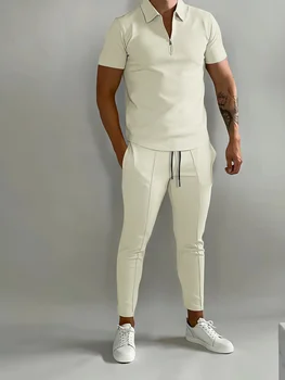 Új egyszínű Férfi Öltöny Nyári Alkalmi Egyfajta Ujjú Polo Sirt Borjú nadrág &Férfiak Streetwear Férfi melegítő 2 darabos készlet