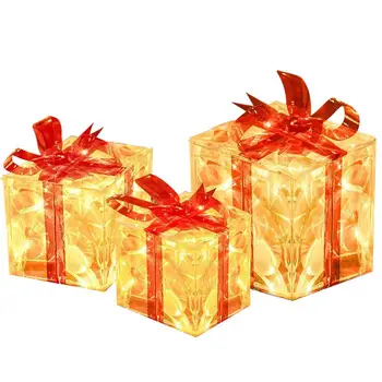 Kivilágított Kerti Karácsonyi Ajándék Doboz 3 Pack LED Csillogó Karácsonyi Dekoráció Doboz, 2 világítási Üzemmód Fény Ajándék Dobozok