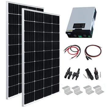 napelemes rendszer haza komplett szett 12v 2db 150 Watt Fotovoltaikus Modul 300W Hibrid Adatkezelő Inverter 1000w 12V